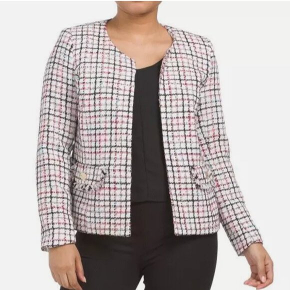 NWOT ANNE KLEIN WHITE PINK TWEED OPEN FRONT CAREER JACKET BLAZER Collarless - Picture 2 of 7